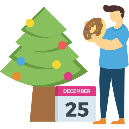 Niño sosteniendo donut cerca del árbol de Navidad  Ilustración