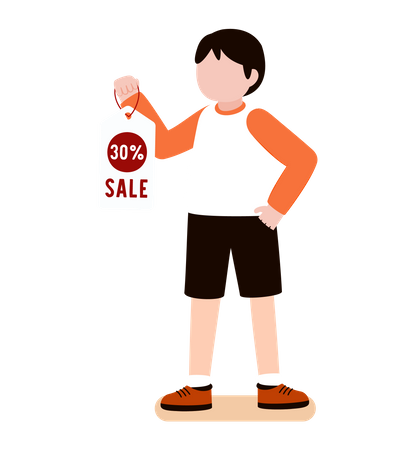 Niño sosteniendo etiqueta de descuento  Illustration