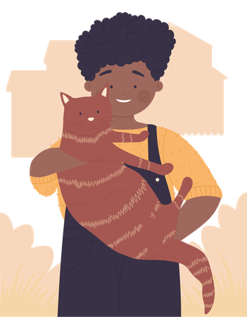 Niño sosteniendo jengibre gatito en las manos  Ilustración