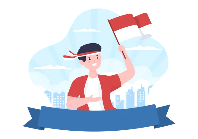 Dia De La Independencia De Indonesia El 17 De Agosto Con Juegos Tradicionales Bandera Roja Blanca Y Personajes De Personas En Una Ilustracion De Fondo De Dibujos Animados Lindo Y Plano Ilustración