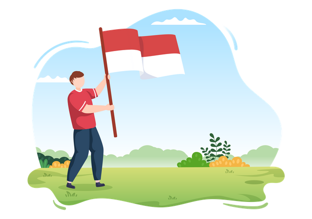 Niño sosteniendo la bandera de indonesia  Illustration