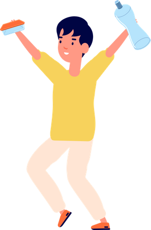 Niño sosteniendo plástico reciclable  Ilustración