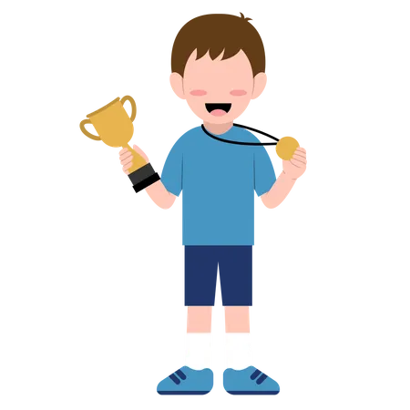 Niño sosteniendo trofeo y medalla  Ilustración