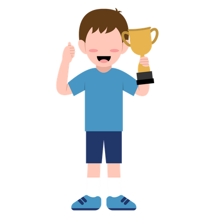 Niño pequeño sosteniendo el trofeo y mostrando el pulgar hacia arriba  Ilustración