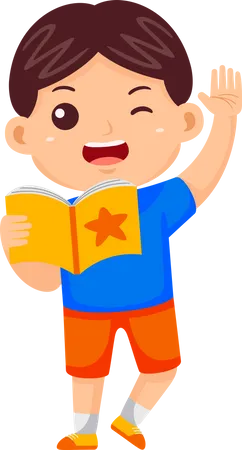 Niño sosteniendo un libro y agitando la mano  Ilustración