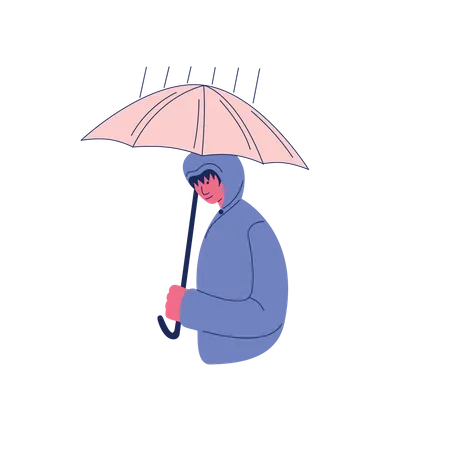 Niño sosteniendo paraguas cuando llueve  Ilustración