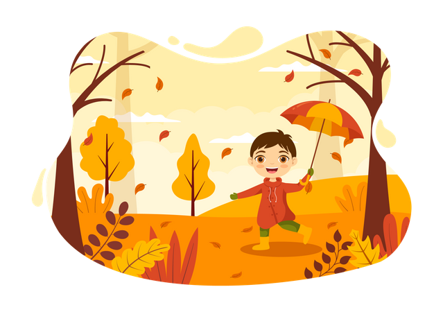 Niño sosteniendo paraguas y disfrutando de la temporada de otoño  Ilustración