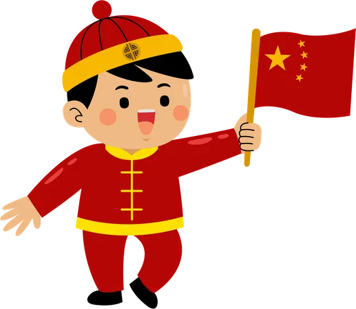 Niño sosteniendo una bandera china  Ilustración