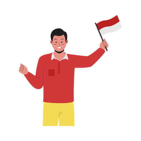 Un joven sosteniendo una bandera y celebrando el día de la independencia de Indonesia  Ilustración