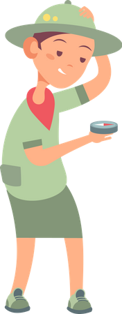 Un niño pequeño sosteniendo una brújula con uniforme de explorador  Ilustración