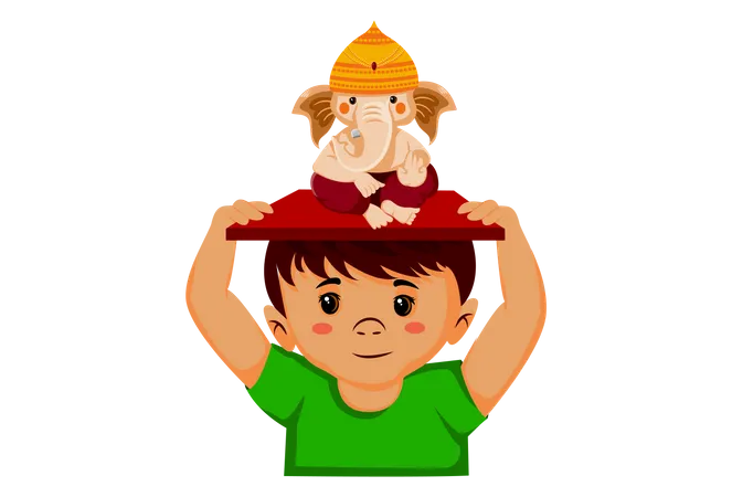 El niño sostiene a Lord Ganesh en la cabeza.  Ilustración