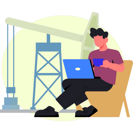 El niño sostiene una taza usando una computadora portátil  Ilustración