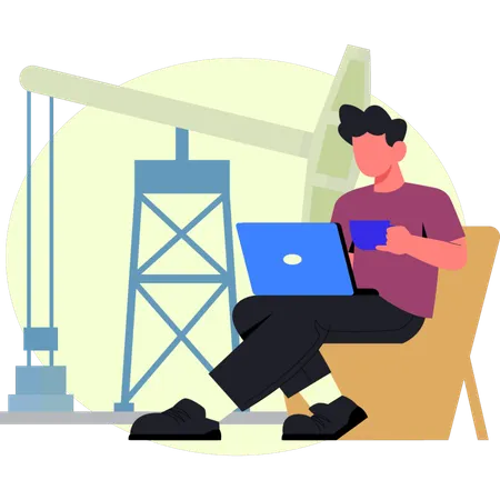 El niño sostiene una taza usando una computadora portátil  Ilustración