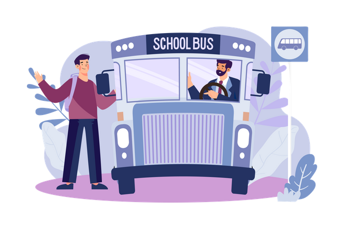 Niño subiendo al autobús escolar  Ilustración