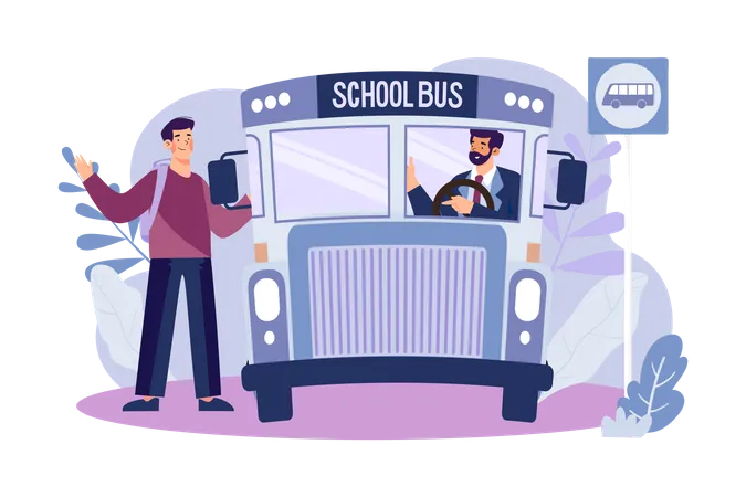 Niño subiendo al autobús escolar  Ilustración