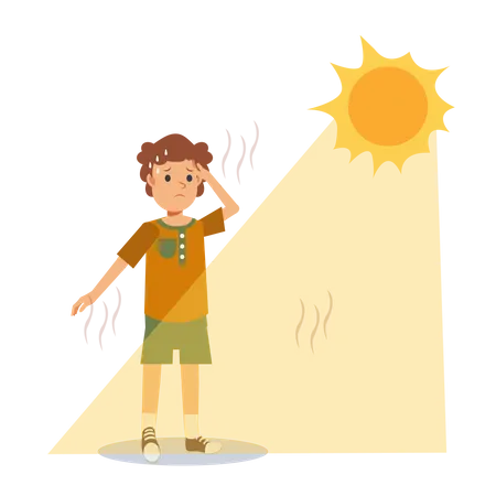 Niño sudando bajo el sol ardiente  Ilustración