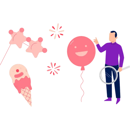 Niño con diferentes tipos de globos.  Ilustración