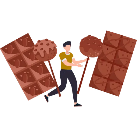 El niño tiene una barra de chocolates y paletas de chocolate.  Ilustración