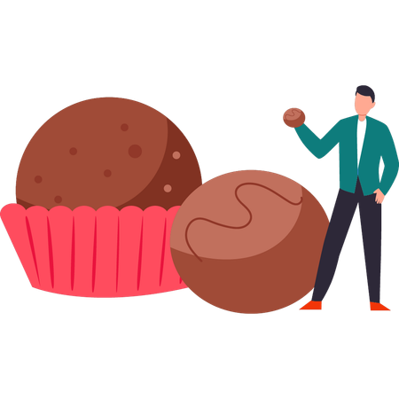 El chico tiene un muffin de chocolate y una galleta.  Ilustración