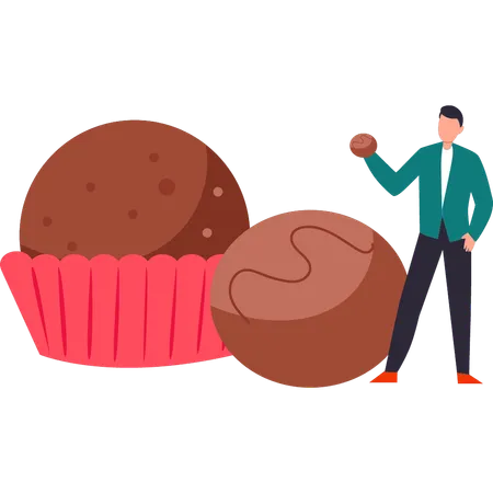 El chico tiene un muffin de chocolate y una galleta.  Ilustración