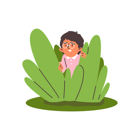 Niño tímido con gafas redondas escondido en un arbusto  Ilustración