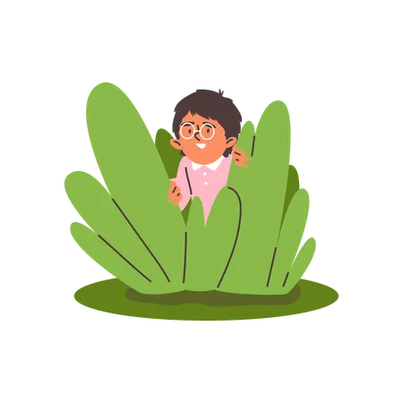 Niño tímido con gafas redondas escondido en un arbusto  Ilustración