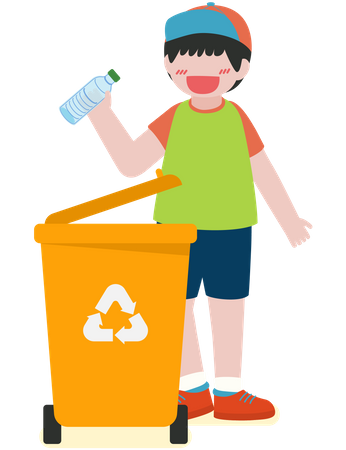 Niño tirando botella de plástico a la basura  Ilustración