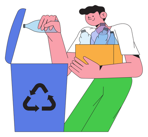 Niño tirando una botella de plástico en la papelera de reciclaje  Ilustración