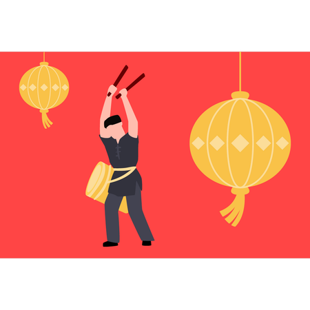 Niño tocando el tambor en el año nuevo chino  Ilustración
