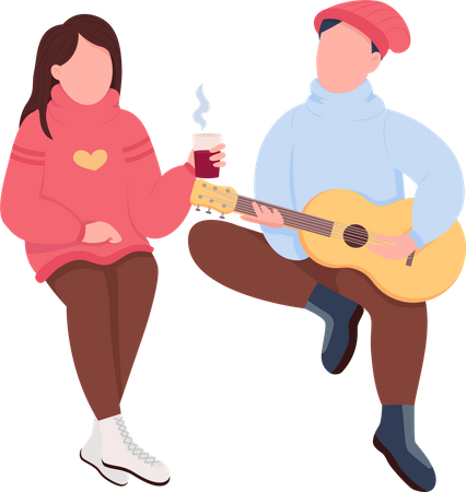 Niño tocando la guitarra para niña.  Ilustración