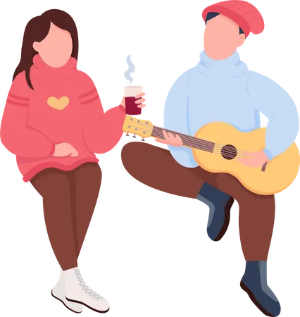 Niño tocando la guitarra para niña.  Ilustración