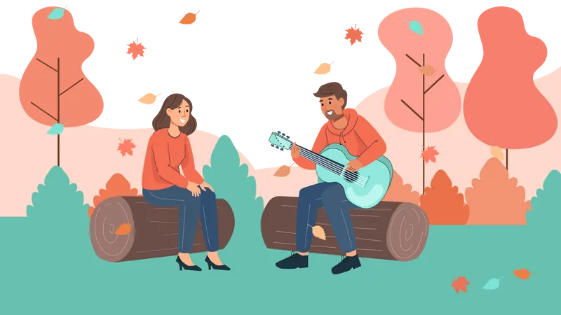 Niño tocando la guitarra para niña.  Ilustración