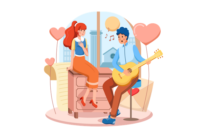 Niño tocando la guitarra y cantando una canción de amor a su hermosa novia el día de San Valentín  Ilustración