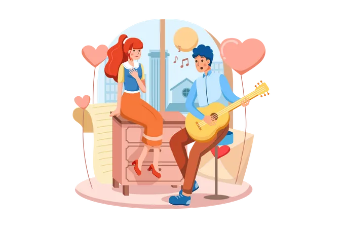 Niño tocando la guitarra y cantando una canción de amor a su hermosa novia el día de San Valentín  Ilustración