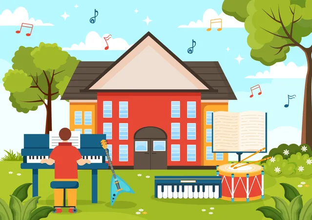 Niño tocando el piano en la escuela de música  Ilustración