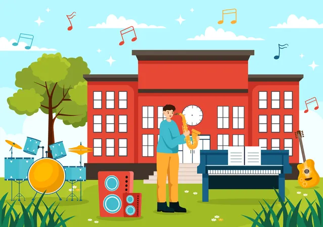 Niño tocando la trompeta en la escuela de música  Ilustración