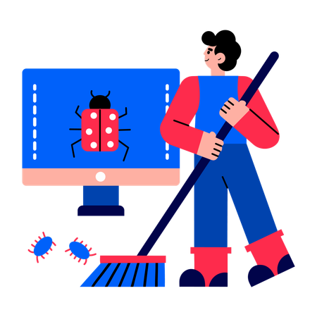 Niño trabajando con malware  Ilustración
