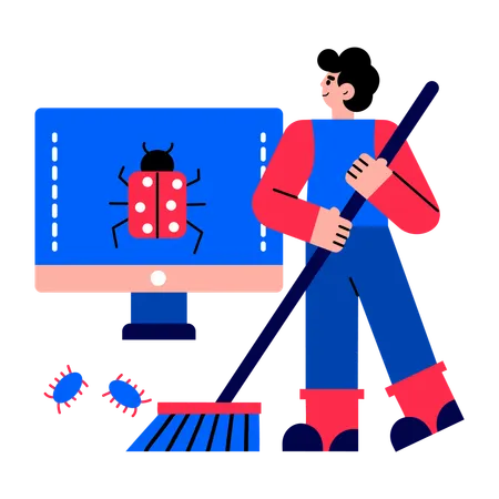 Niño trabajando con malware  Ilustración