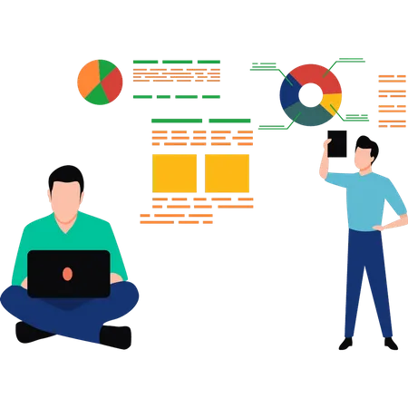 Niño trabajando en análisis de datos en una computadora portátil  Ilustración