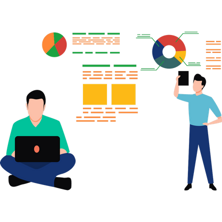 Niño trabajando en análisis de datos en una computadora portátil  Ilustración