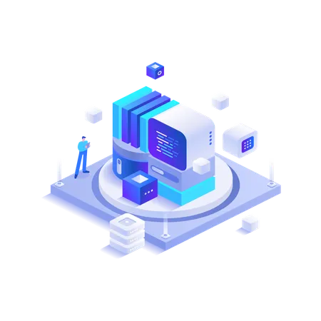 Niño trabajando en ecosistema blockchain  Ilustración