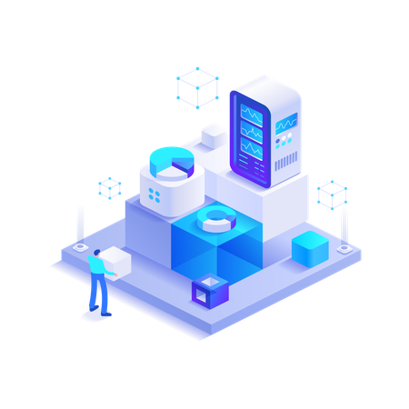 Niño trabajando en ecosistema blockchain  Ilustración