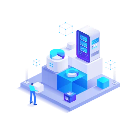 Niño trabajando en ecosistema blockchain  Ilustración