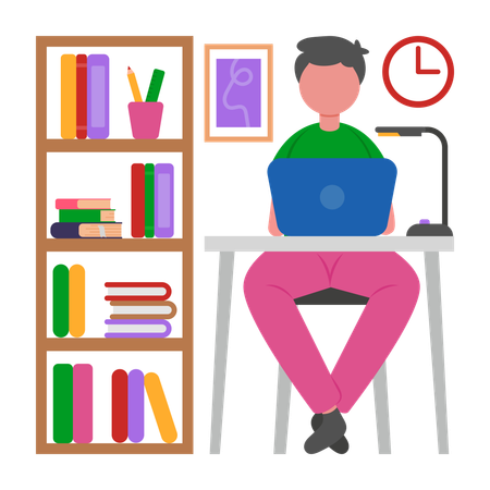 Niño trabajando en la biblioteca  Ilustración