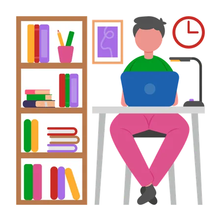 Niño trabajando en la biblioteca  Ilustración