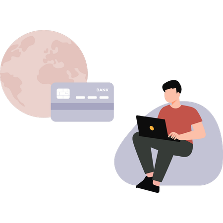 Niño trabajando en línea con tarjeta bancaria global  Ilustración