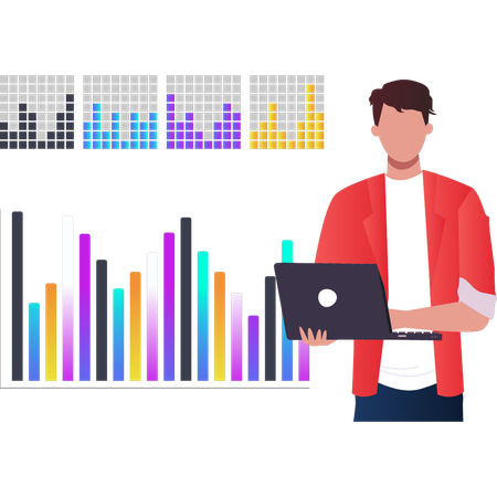 Niño trabajando en una computadora portátil en un gráfico de barras  Ilustración