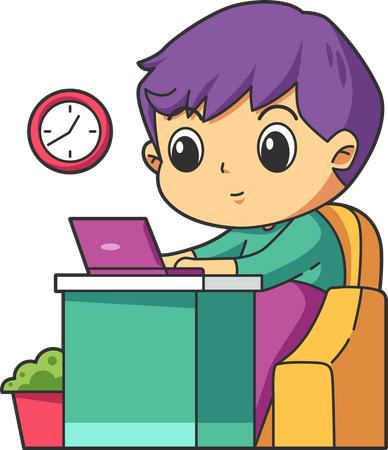 Niño trabajando en una computadora portátil mientras está sentado en casa  Ilustración