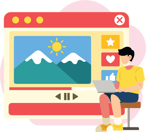 Niño trabajando en una plataforma de medios de interacción de contenido  Ilustración