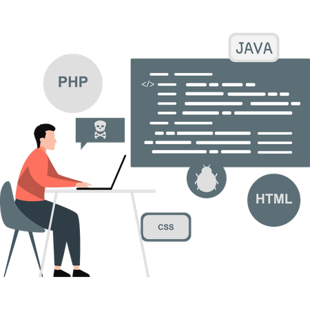 Niño trabajando según código PHP en una computadora portátil  Ilustración